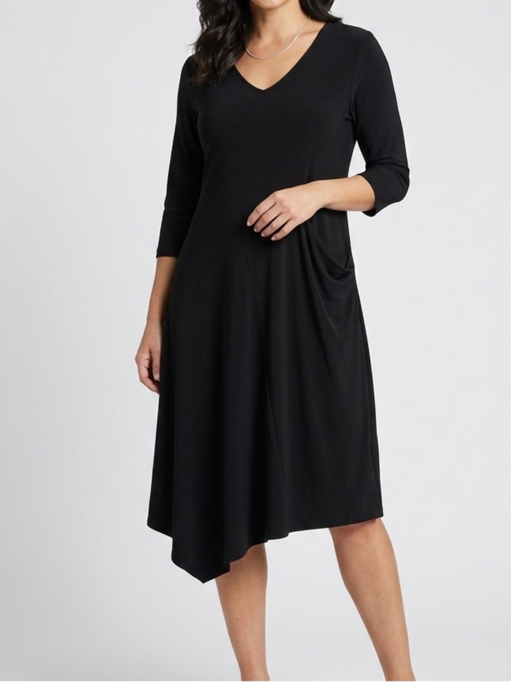 Sympli Black V-Neck‎ Asymmetrical Hem Knee Length Dress Women’s Size 8 Medium